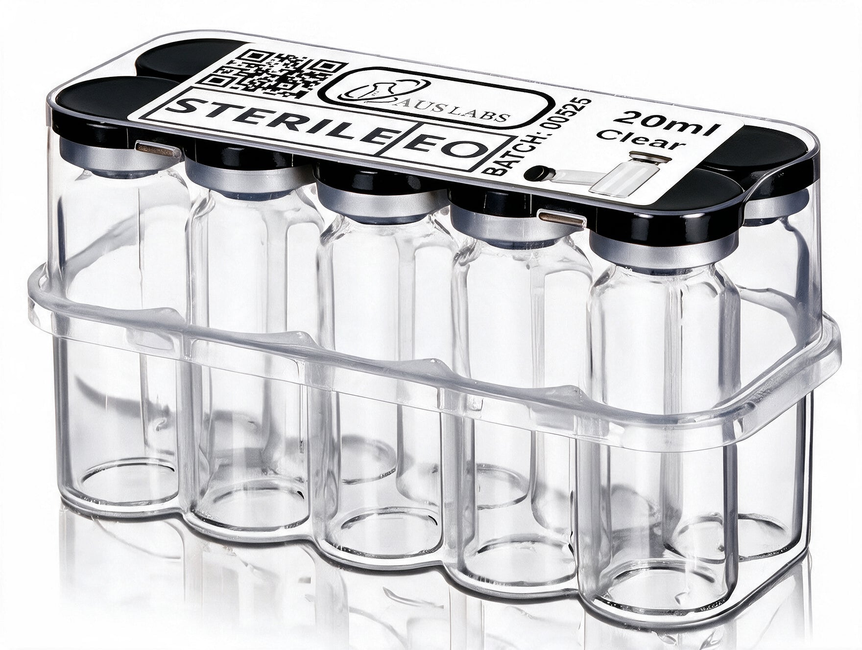 Six clear 20ml sterile vials in a transparent plastic storage case with black caps, labeled AUSLABS STERILEEO, on a white background.