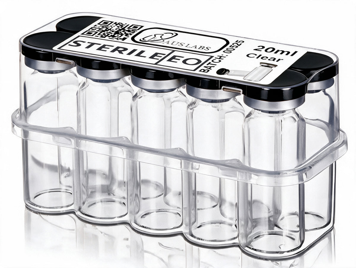 Six clear 20ml sterile vials in a transparent plastic storage case with black caps, labeled AUSLABS STERILEEO, on a white background.
