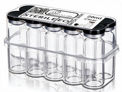 Six clear 20ml sterile vials in a transparent plastic storage case with black caps, labeled AUSLABS STERILEEO, on a white background.