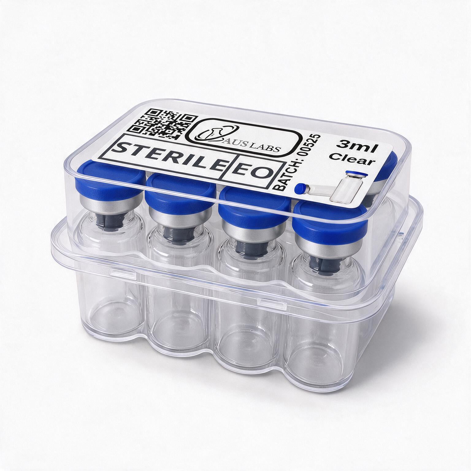 A 3ml sterile clear vial set in a transparent plastic tray with blue caps, labeled AUSLARS Sterile EO, on a white background.