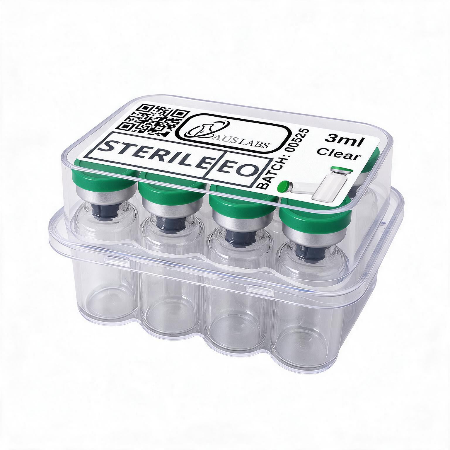 A 10-pack of sterile 3ml vials in a clear plastic tray with green caps, labeled for ACUS LABS, on a white background.
