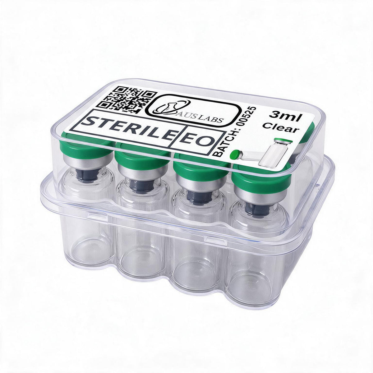 A 10-pack of sterile 3ml vials in a clear plastic tray with green caps, labeled for ACUS LABS, on a white background.