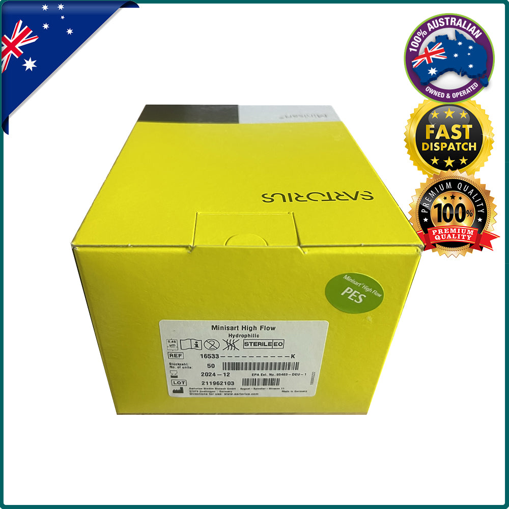Sartorius 16532----------K Minisart Syringe Filter, Polyethersulfone (PES), Pore Size 0.22 or 0.45 µm, ⌀ 28 mm Ethylene Oxide, Female Luer Lock, Male Luer Lock, Pack Size 50