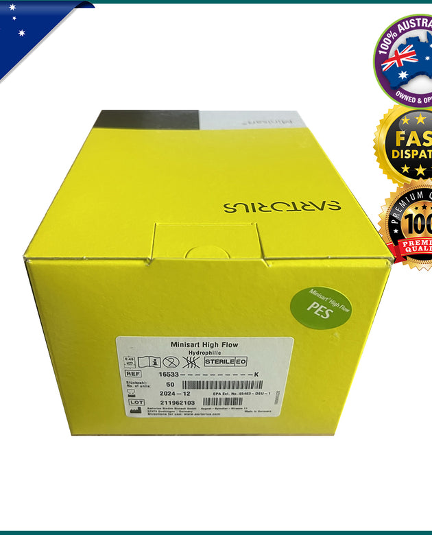 Sartorius 16532----------K Minisart Syringe Filter, Polyethersulfone (PES), Pore Size 0.22 or 0.45 µm, ⌀ 28 mm Ethylene Oxide, Female Luer Lock, Male Luer Lock, Pack Size 50