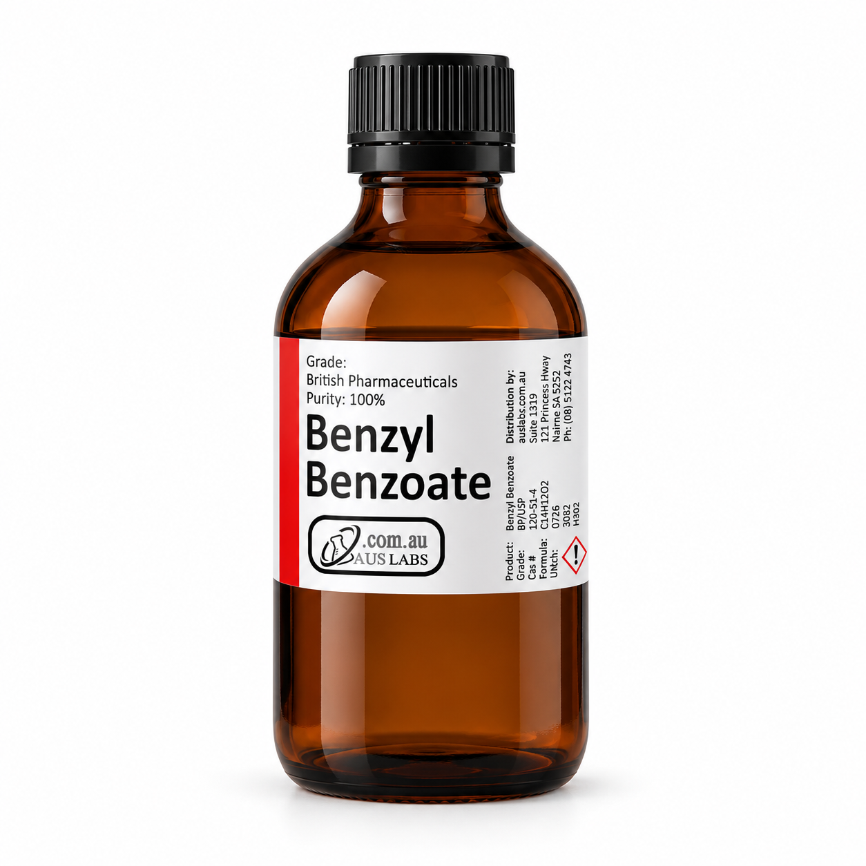 AusLabs benzyl benzoate 100 mL amber glass bottle with current white and red wraparound label
