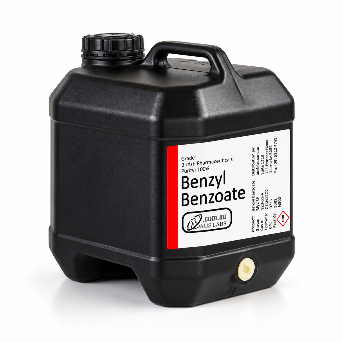 AusLabs benzyl benzoate 10 litre black jerry can with current white and red label