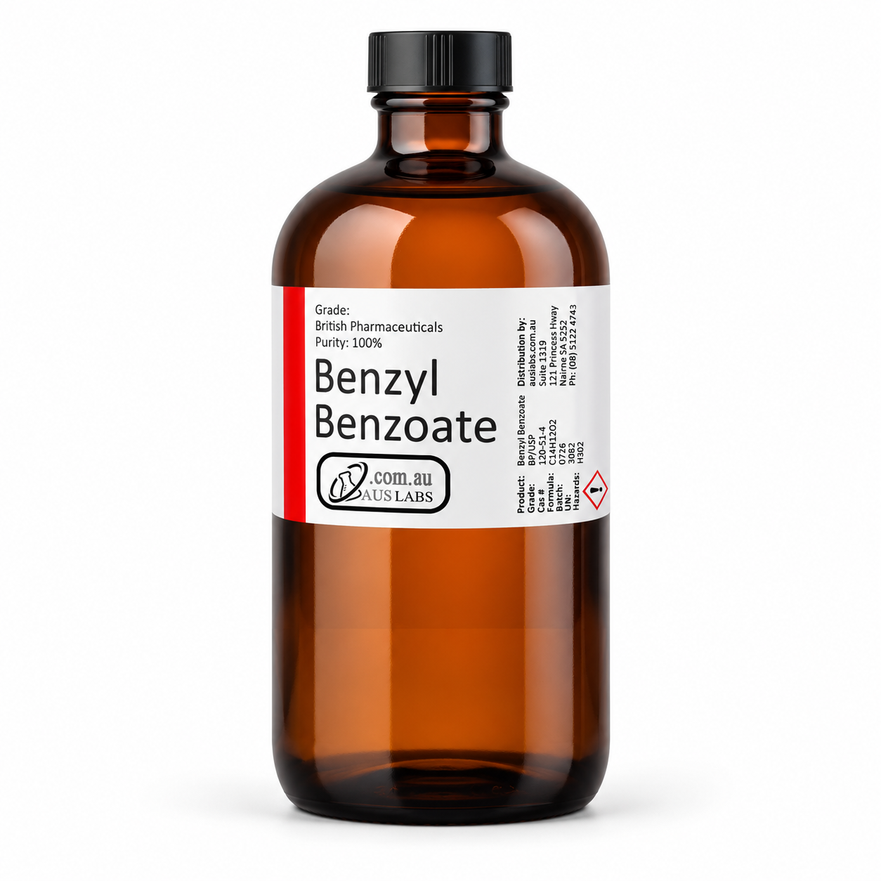AusLabs benzyl benzoate 1 litre amber glass bottle with short white and red wraparound label