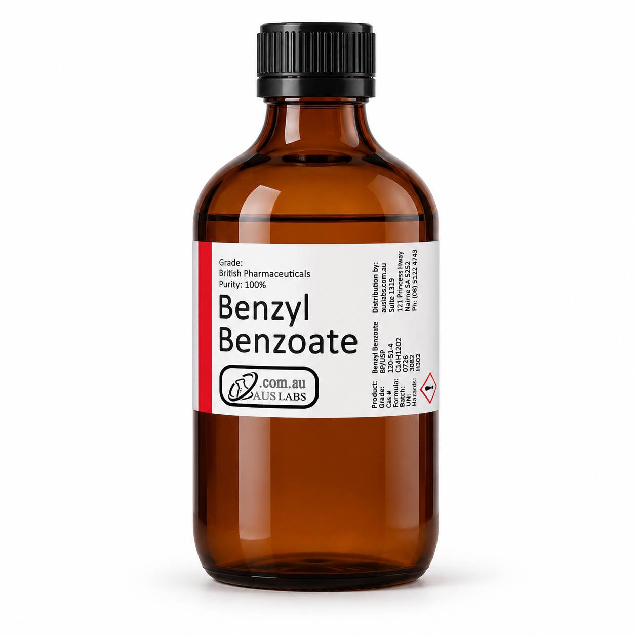 AusLabs benzyl benzoate 200 mL amber glass bottle with current white and red wraparound label