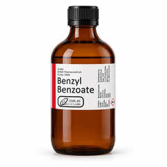 AusLabs benzyl benzoate 200 mL amber glass bottle with current white and red wraparound label