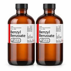 Two 1 litre amber glass bottles of AusLabs benzyl benzoate with current white and red labels