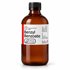 AusLabs benzyl benzoate 500 mL amber glass bottle with current white and red wraparound label