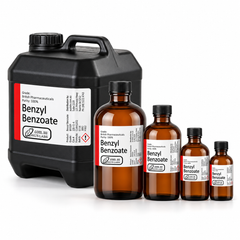 AusLabs benzyl benzoate range with current white and red labels: 10 litre drum, 1 litre, 500 mL, 200 mL and 100 mL amber bottles