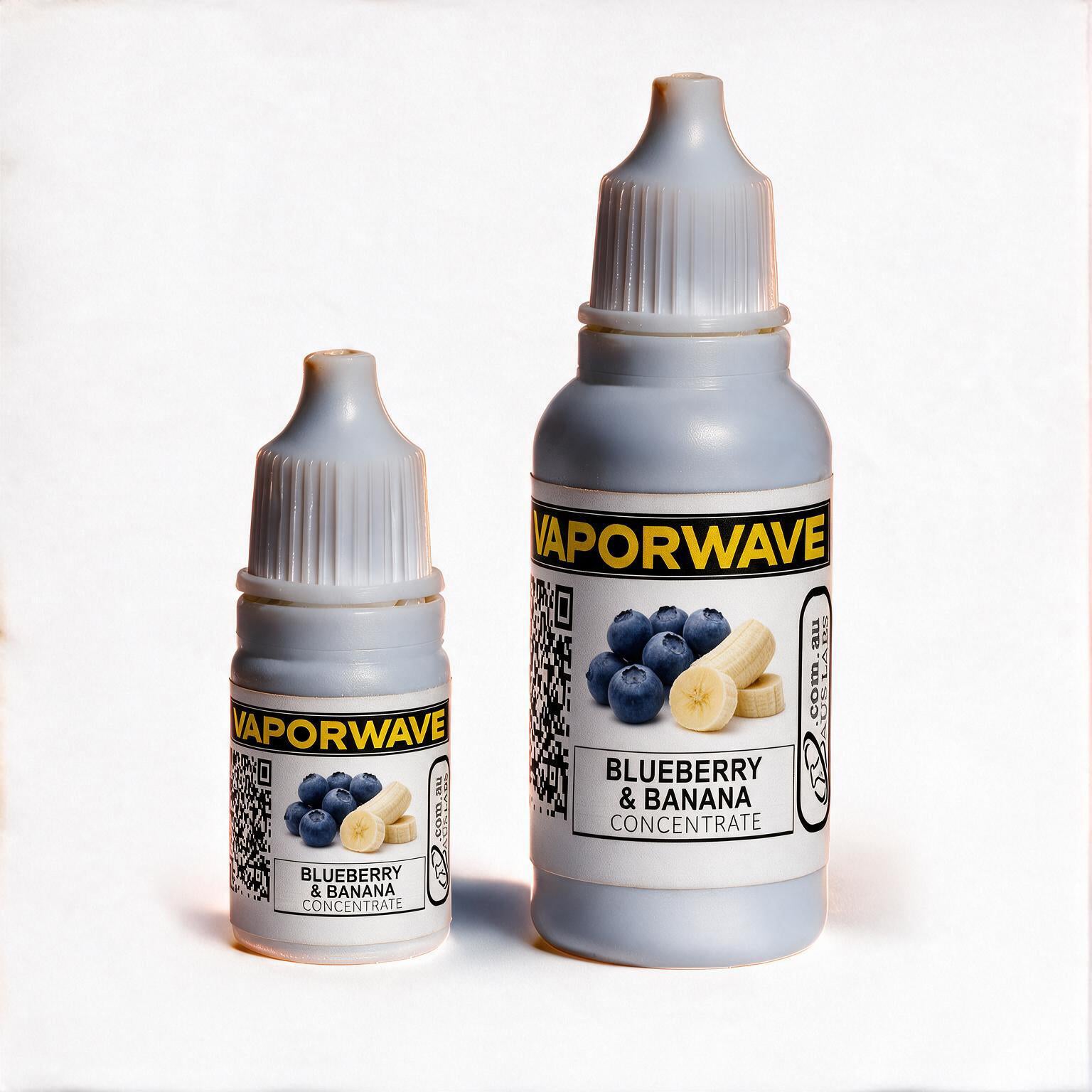 Two Vaporwave e-liquid bottles in Blueberry & Banana flavor, one 10ml and one 30ml, with gray caps and white labels featuring blueberries and bananas.
