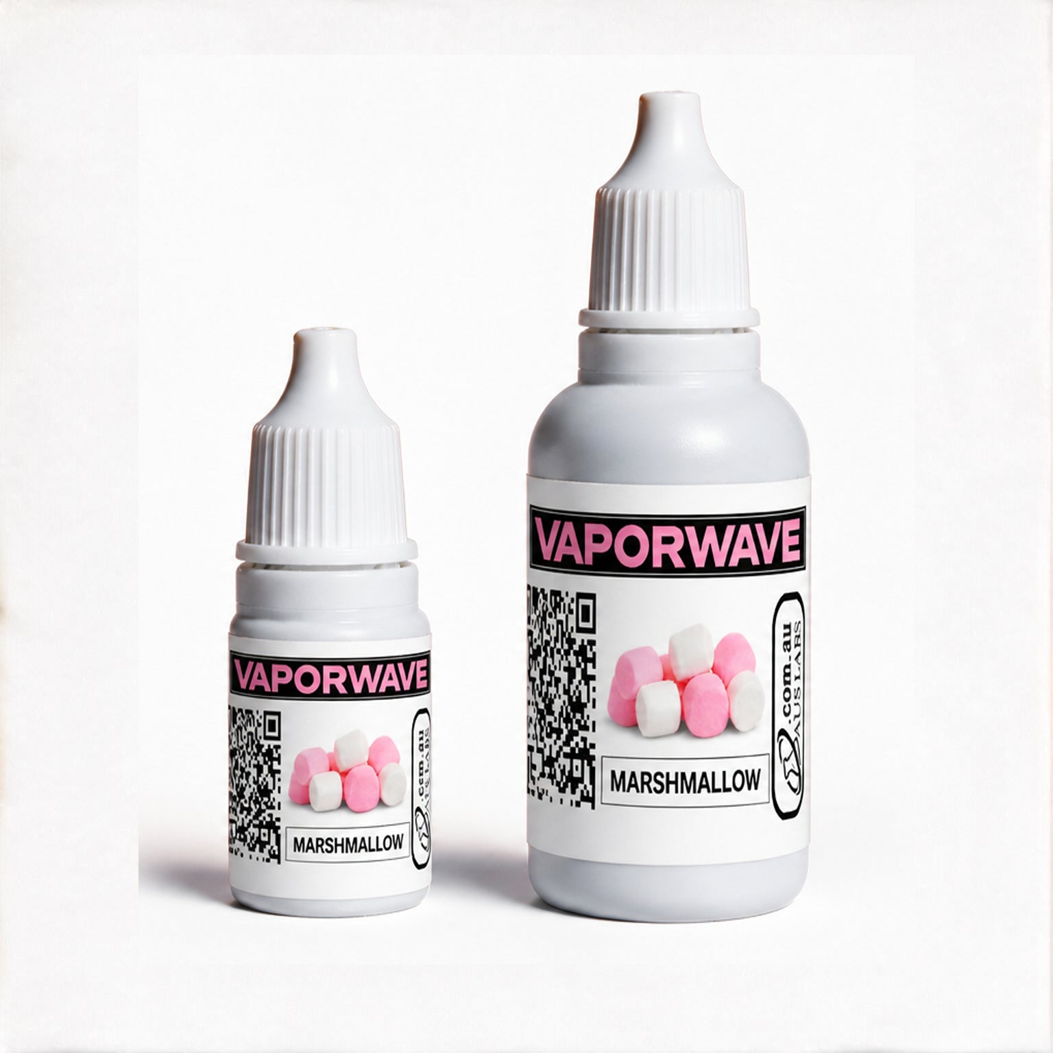 Two white plastic dropper bottles of Vaporwave Marshmallow e-liquid, one small and one large, on a clean white background.