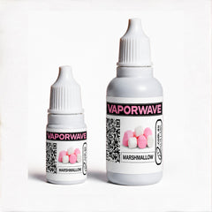 Two white plastic dropper bottles of Vaporwave Marshmallow e-liquid, one small and one large, on a clean white background.